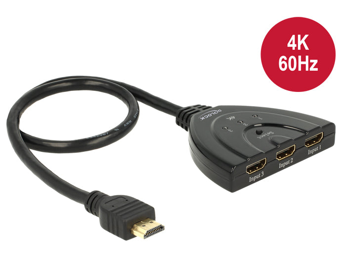Delock HDMI UHD Switch 3 x HDMI in > 1 x HDMI out 4K mit integriertem Kabel 50 c Delock HDMI UHD Switch 3 x HDMI in > 1 x HDMI out 4K mit integriertem Kabel 50 c